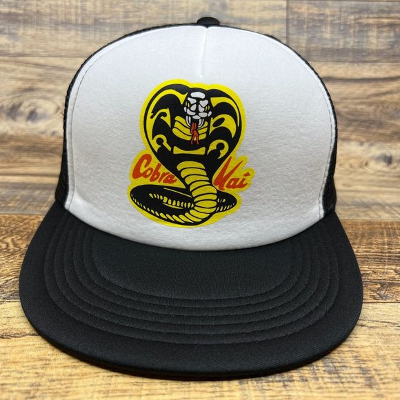 Cobra Kai Mens Trucker Hat Black Snapback Karate Dojo Flat Bill Adjustable Cap - Picture 2 of 7